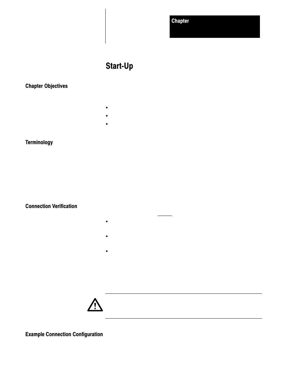 5 - start up, Chapter objectives, Terminology | Connection verification, Example connection configuration, Startćup | Rockwell Automation 1395 Multi-Comm Hardware/Software User Manual | Page 87 / 147