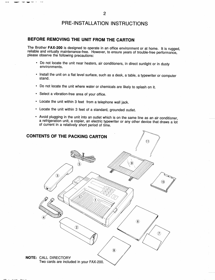 Pre-installation instructions | Brother FAX-200 User Manual | Page 11 / 52