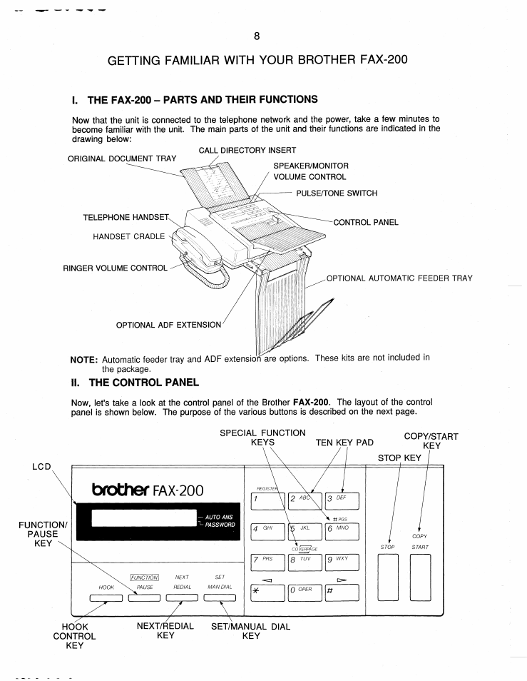 Brother, Fax-200, Getting familiar with your brother fax-200 | I. the fax-200 - parts and their functions, Ii. the control panel | Brother FAX-200 User Manual | Page 17 / 52