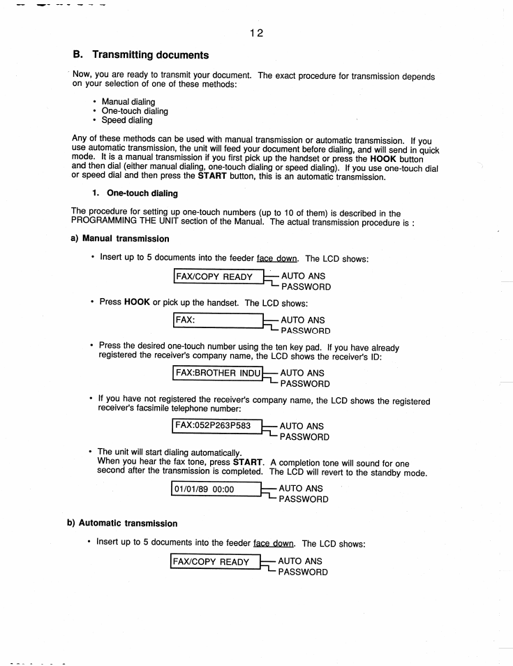 B. transmitting documents | Brother FAX-200 User Manual | Page 21 / 52