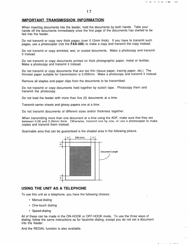Important transmission information, Using the unit as a telephone | Brother FAX-200 User Manual | Page 26 / 52