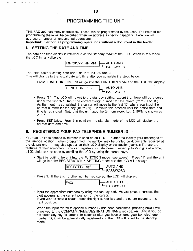 Programming the unit, I. setting the date and time, Ii. registering your fax telephone number id | Brother FAX-200 User Manual | Page 27 / 52