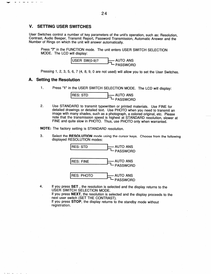 V. setting user switches, A. setting the resolution | Brother FAX-200 User Manual | Page 33 / 52