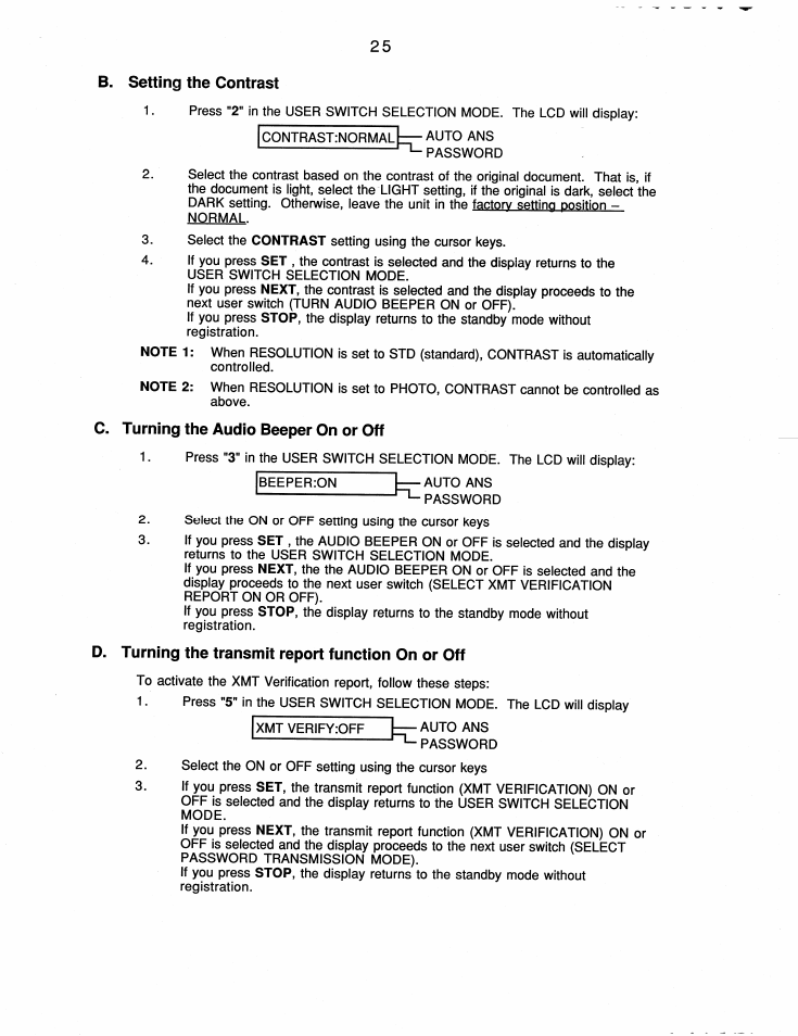 B. setting the contrast, C. turning the audio beeper on or off, D. turning the transmit report function on or off | Brother FAX-200 User Manual | Page 34 / 52