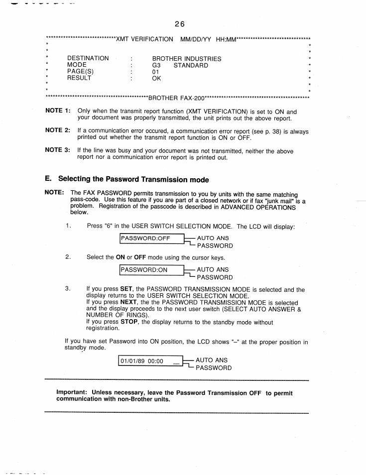 E. selecting the password transmission mode | Brother FAX-200 User Manual | Page 35 / 52