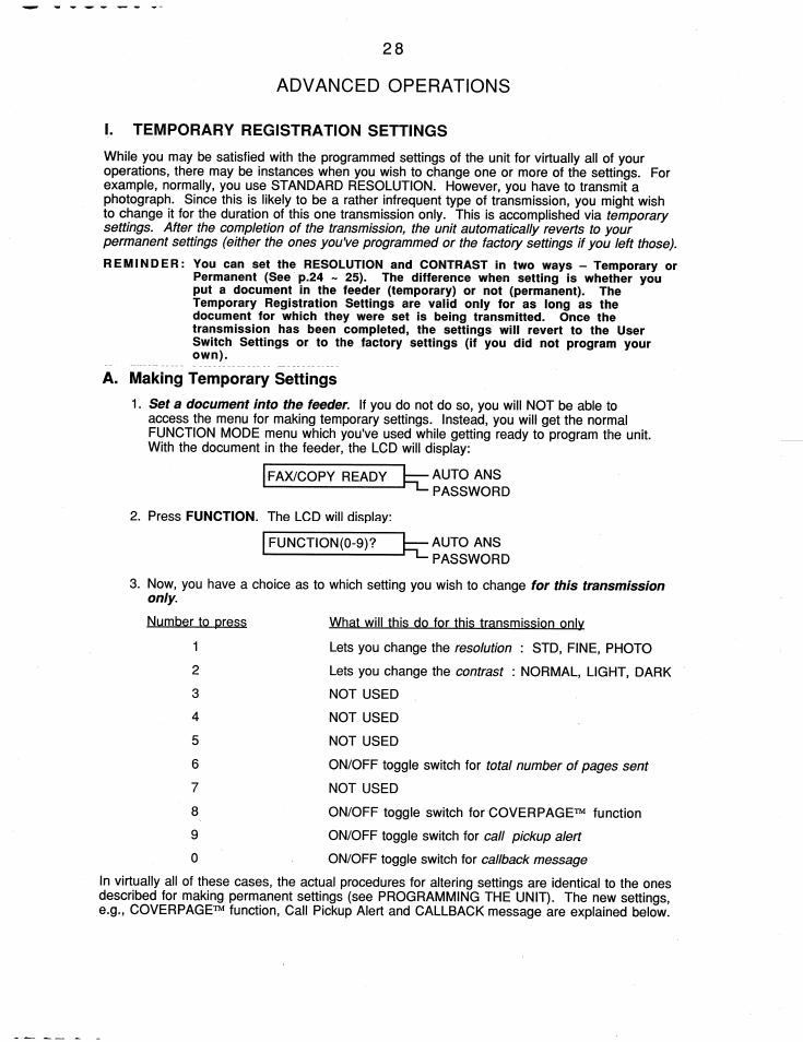 Advanced operations, I. temporary registration settings, A. making temporary settings | Brother FAX-200 User Manual | Page 37 / 52