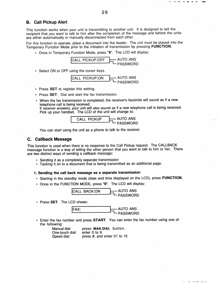 B. call pickup alert, C. callback message | Brother FAX-200 User Manual | Page 38 / 52