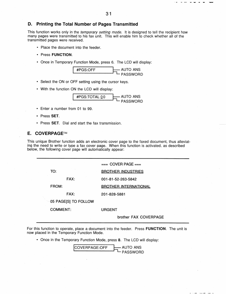 D. printing the totai number of pages transmitted, E. coverpage | Brother FAX-200 User Manual | Page 40 / 52