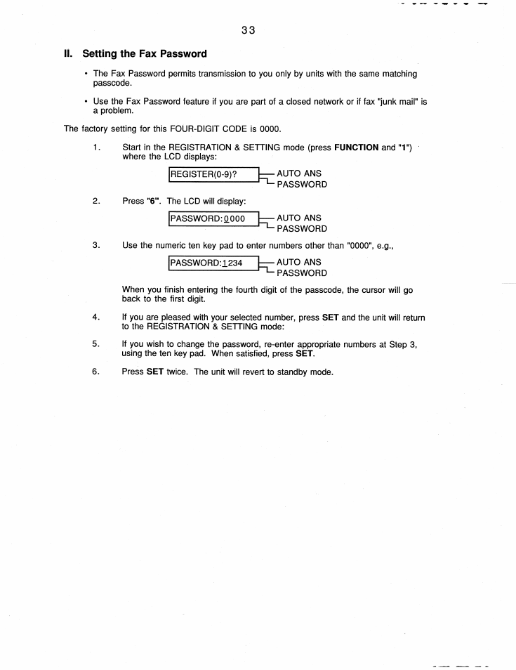 Ii. setting the fax password | Brother FAX-200 User Manual | Page 42 / 52