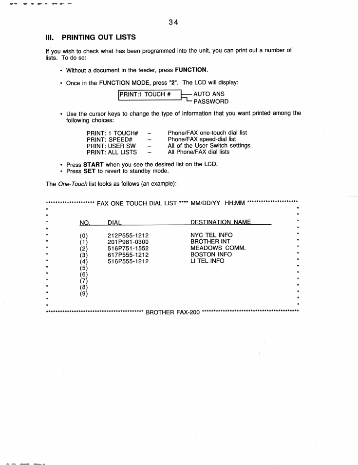 Iii. printing out lists, Function, Start | One-touch | Brother FAX-200 User Manual | Page 43 / 52