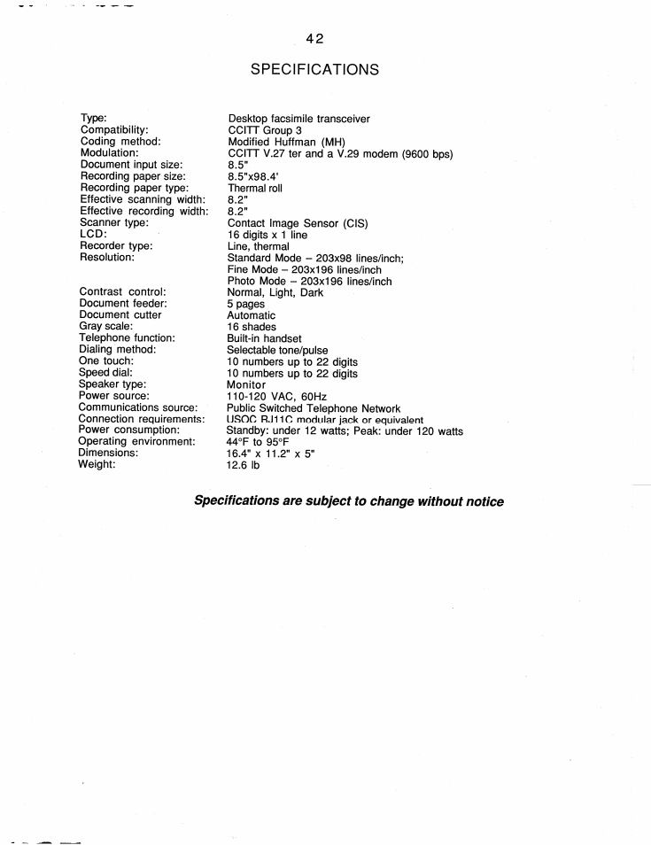 Specifications | Brother FAX-200 User Manual | Page 51 / 52