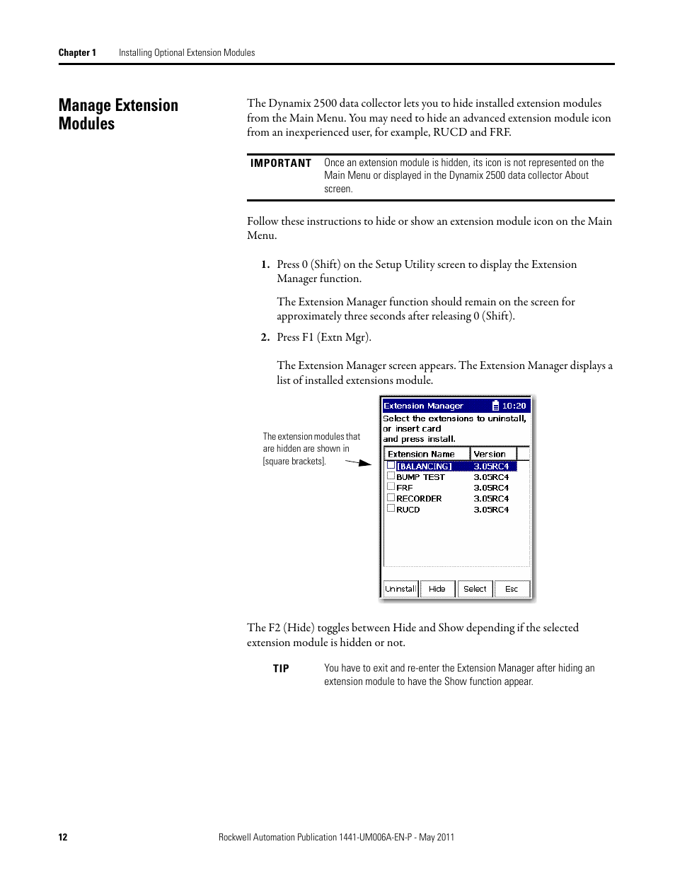 Manage extension modules | Rockwell Automation 1441-DYN25-MRUC Run Up Coast Down Extension Module for the Dynamix 2500 User Manual | Page 12 / 50