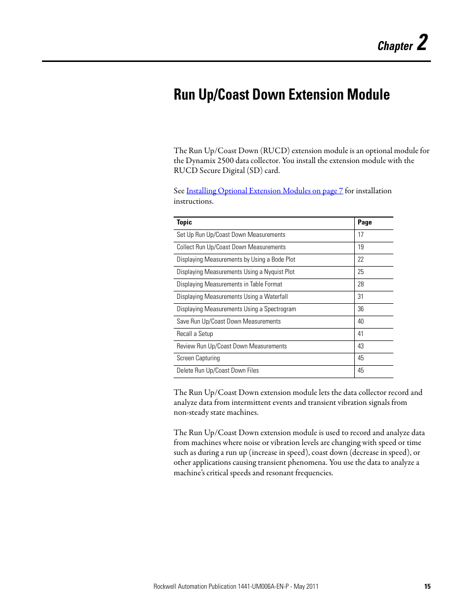 Run up/coast down extension module, Chapter 2, Chapter | Rockwell Automation 1441-DYN25-MRUC Run Up Coast Down Extension Module for the Dynamix 2500 User Manual | Page 15 / 50