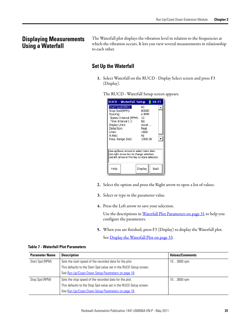 Displaying measurements using a waterfall, Set up the waterfall | Rockwell Automation 1441-DYN25-MRUC Run Up Coast Down Extension Module for the Dynamix 2500 User Manual | Page 31 / 50