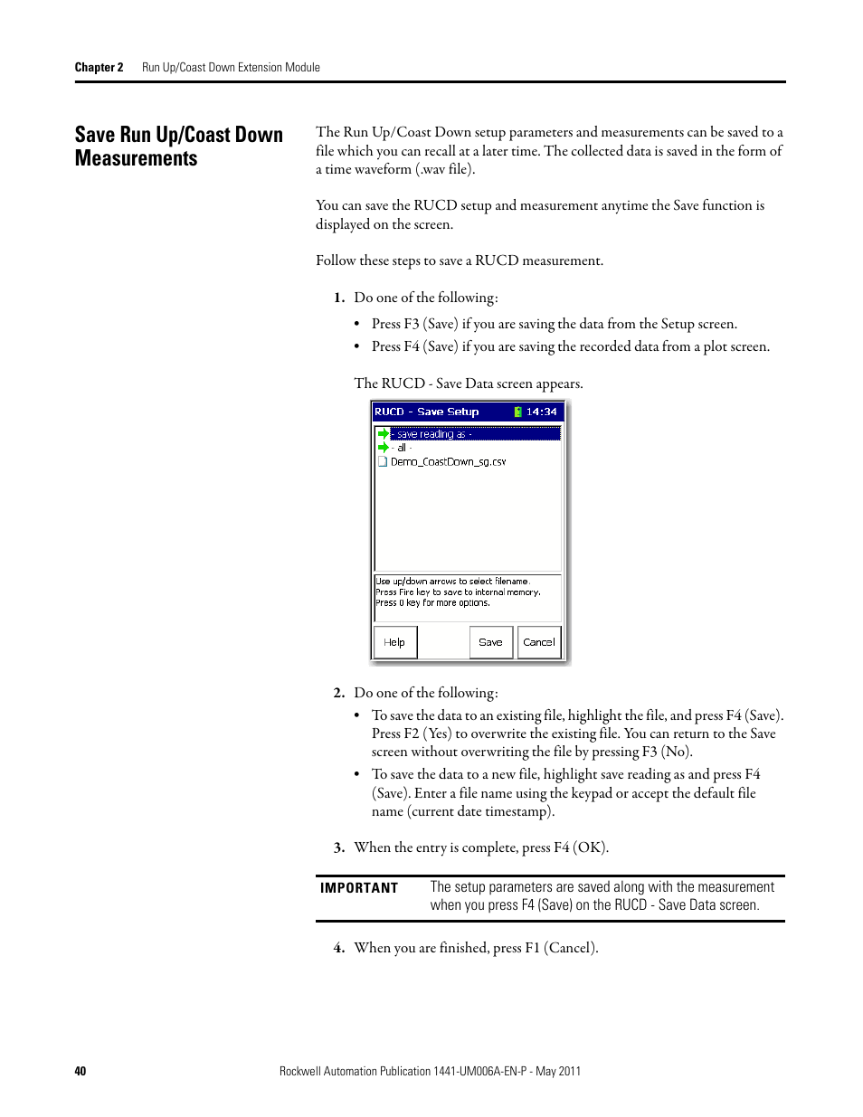 Save run up/coast down measurements | Rockwell Automation 1441-DYN25-MRUC Run Up Coast Down Extension Module for the Dynamix 2500 User Manual | Page 40 / 50