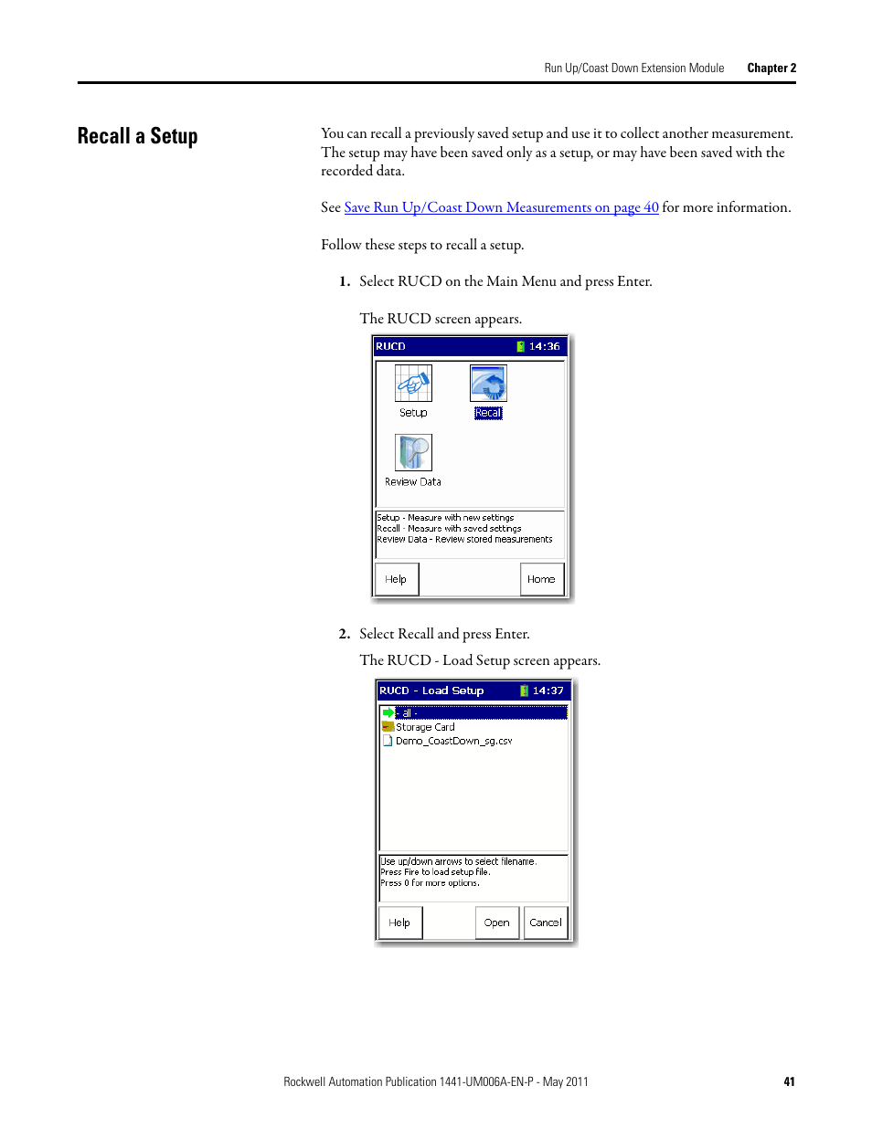 Recall a setup | Rockwell Automation 1441-DYN25-MRUC Run Up Coast Down Extension Module for the Dynamix 2500 User Manual | Page 41 / 50