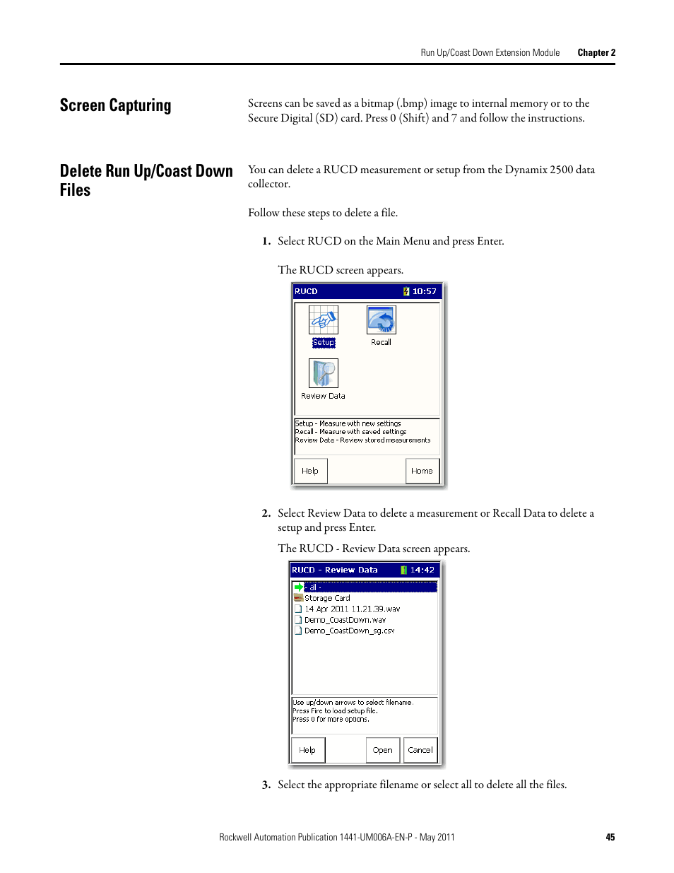 Screen capturing, Delete run up/coast down files, Screen capturing delete run up/coast down files | Rockwell Automation 1441-DYN25-MRUC Run Up Coast Down Extension Module for the Dynamix 2500 User Manual | Page 45 / 50