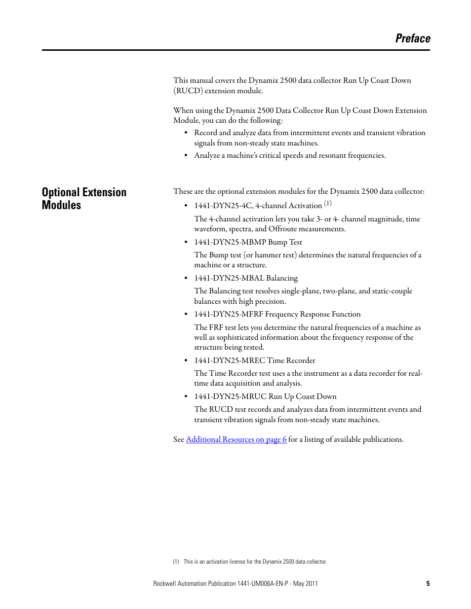 Preface, Optional extension modules | Rockwell Automation 1441-DYN25-MRUC Run Up Coast Down Extension Module for the Dynamix 2500 User Manual | Page 5 / 50