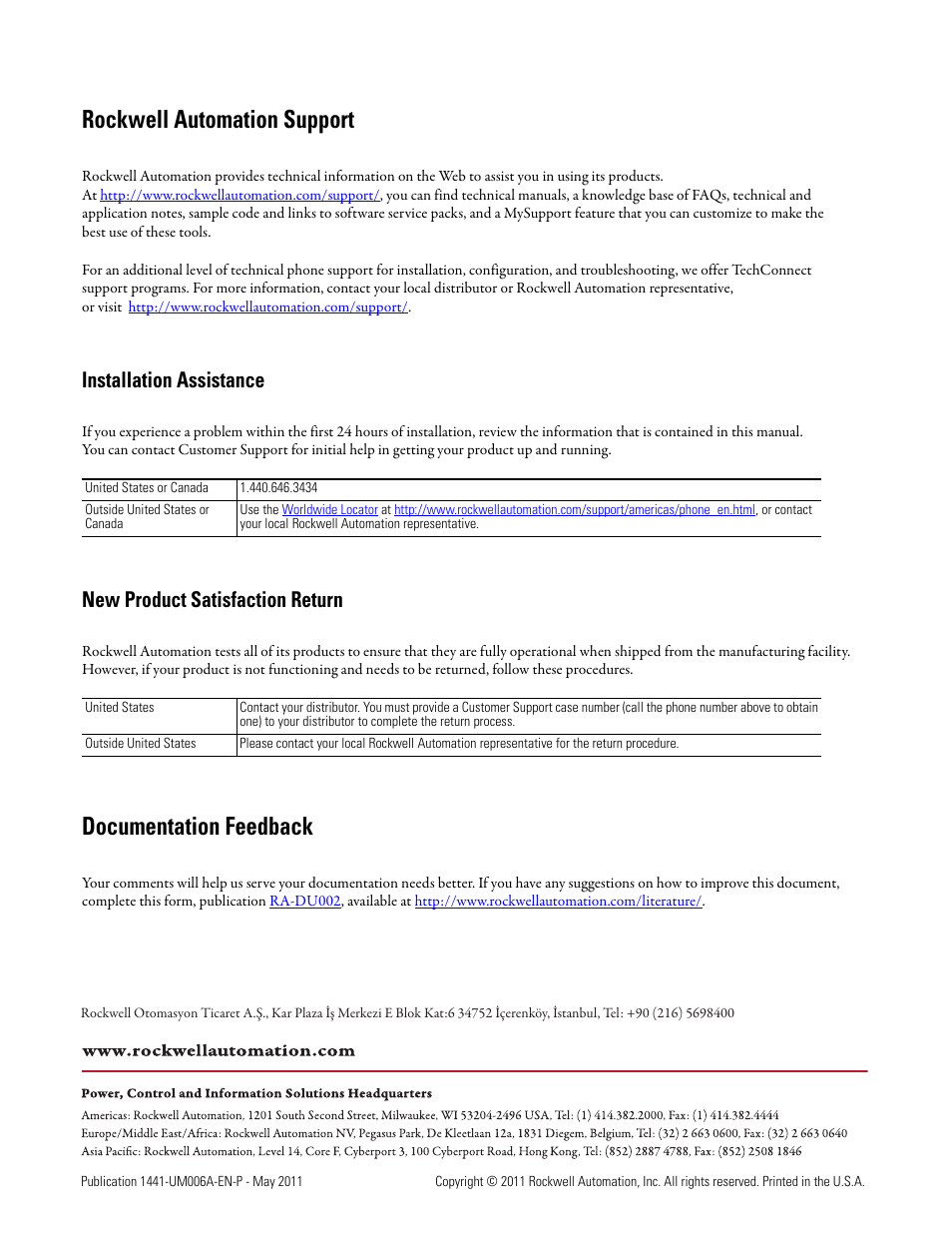 Back cover, Rockwell automation support, Documentation feedback | Installation assistance, New product satisfaction return | Rockwell Automation 1441-DYN25-MRUC Run Up Coast Down Extension Module for the Dynamix 2500 User Manual | Page 50 / 50