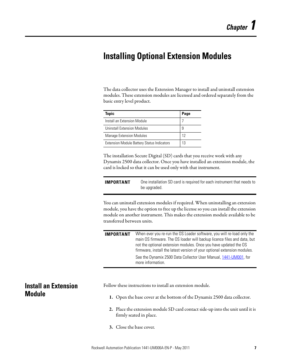 Installing optional extension modules, Install an extension module, Chapter 1 | Chapter | Rockwell Automation 1441-DYN25-MRUC Run Up Coast Down Extension Module for the Dynamix 2500 User Manual | Page 7 / 50