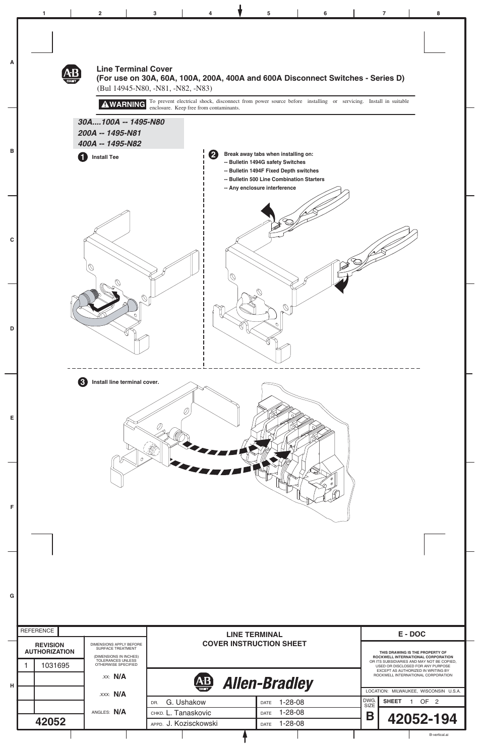 Rockwell Automation 1495-N80_N81_N82_N83 Line Terminal Cover User Manual | 2 pages