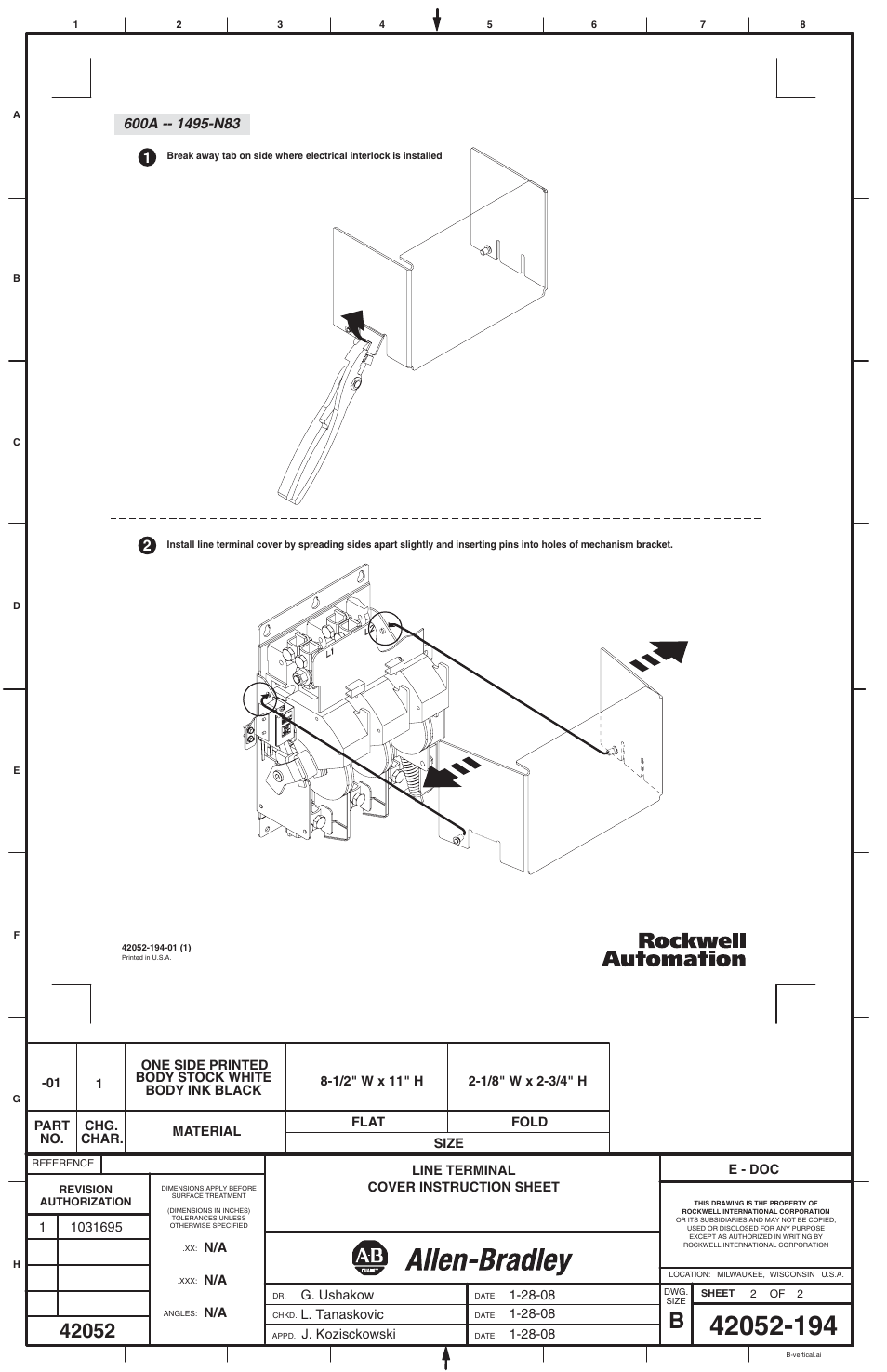 Rockwell Automation 1495-N80_N81_N82_N83 Line Terminal Cover User Manual | Page 2 / 2