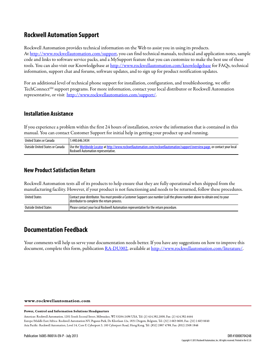 Rockwell automation support, Documentation feedback, Installation assistance | New product satisfaction return | Rockwell Automation 1608S I-Sense Installation Instructions User Manual | Page 12 / 12