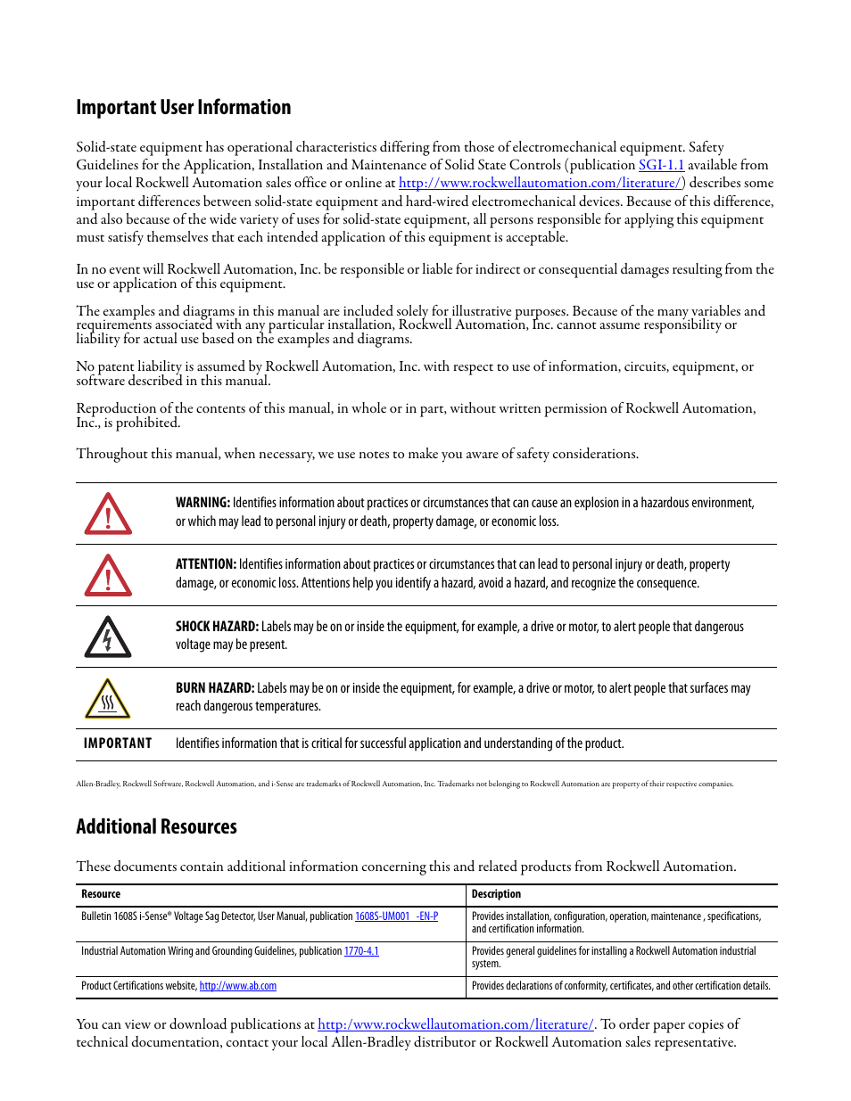 Important user information, Additional resources | Rockwell Automation 1608S I-Sense Installation Instructions User Manual | Page 2 / 12