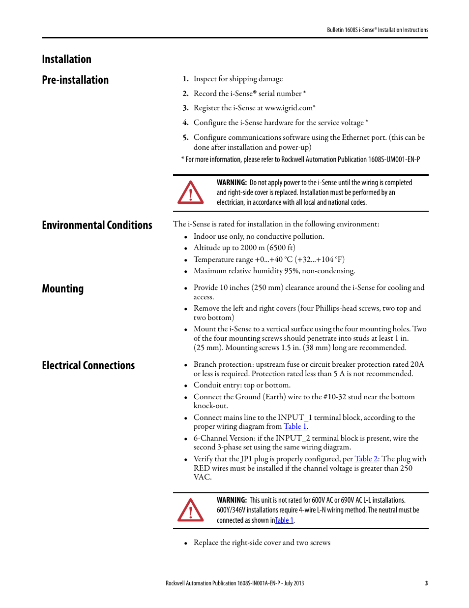 Installation, Pre-installation, Inspect for shipping damage | Record the i-sense® serial number, Register the i-sense at www.igrid.com, Environmental conditions, Mounting, Electrical connections, Installation pre-installation | Rockwell Automation 1608S I-Sense Installation Instructions User Manual | Page 3 / 12