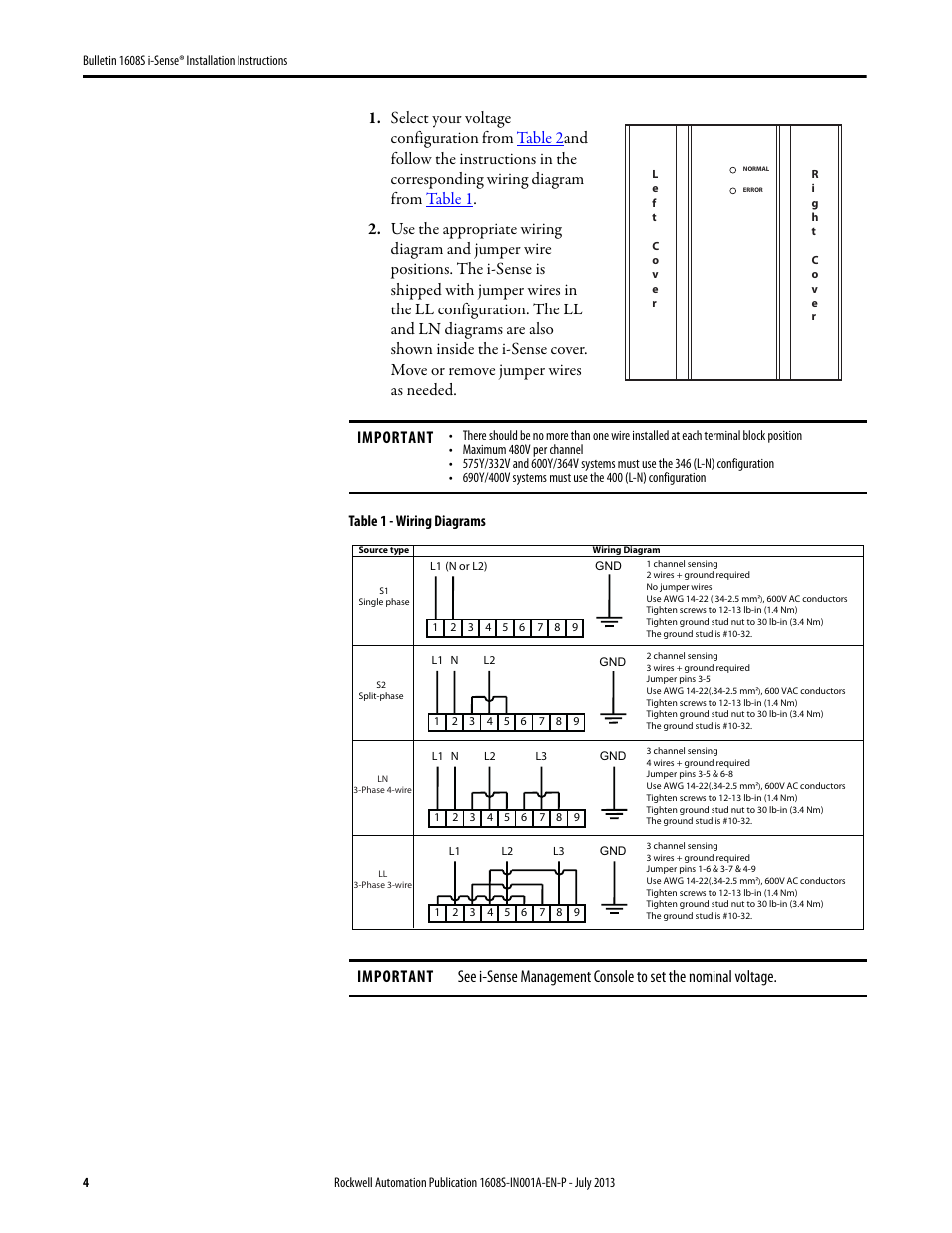 Table 1 - wiring diagrams, Table 1, Important | Rockwell Automation 1608S I-Sense Installation Instructions User Manual | Page 4 / 12