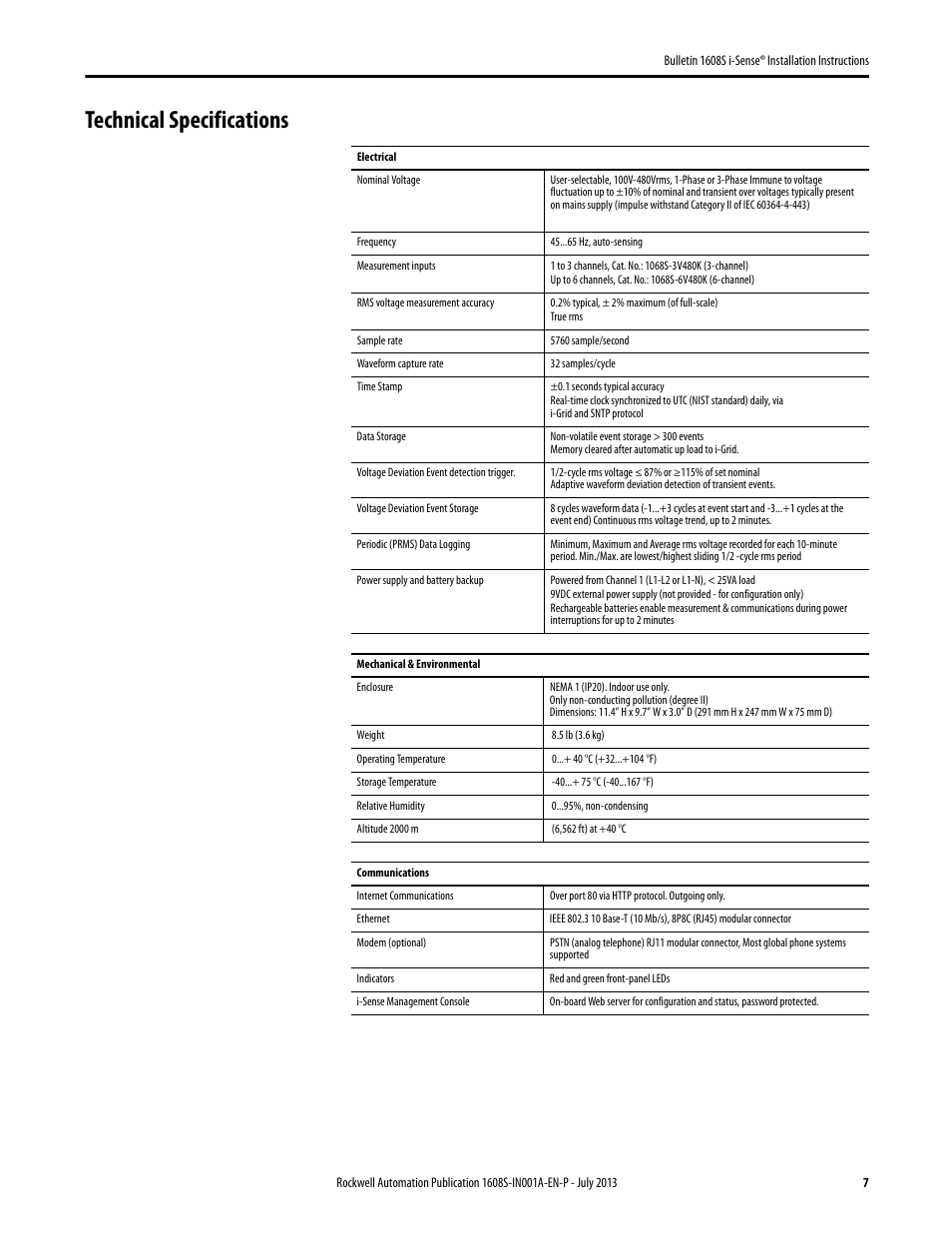 Technical specifications | Rockwell Automation 1608S I-Sense Installation Instructions User Manual | Page 7 / 12