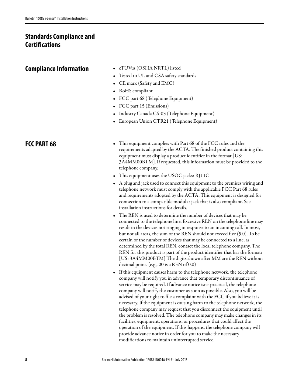 Standards compliance and certifications, Compliance information, Fcc part 68 | Rockwell Automation 1608S I-Sense Installation Instructions User Manual | Page 8 / 12