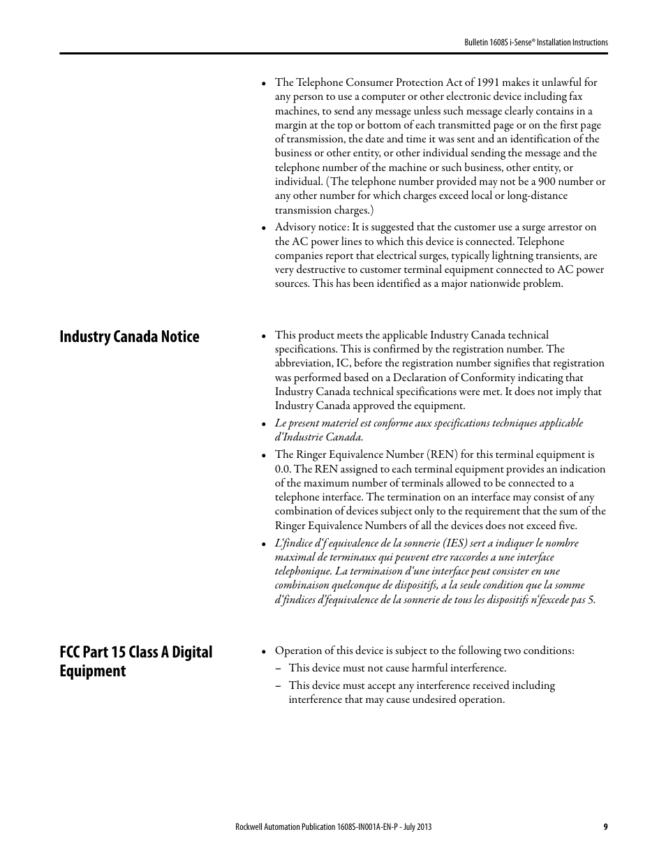 Industry canada notice, Fcc part 15 class a digital equipment | Rockwell Automation 1608S I-Sense Installation Instructions User Manual | Page 9 / 12