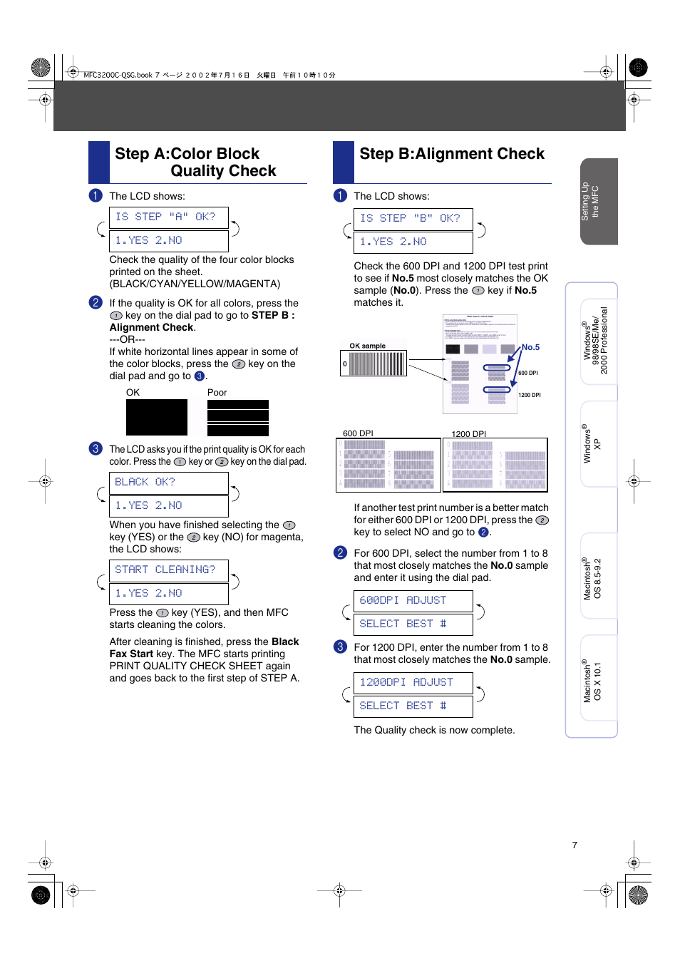 Step a:color block quality check, Step b:alignment check | Brother MFC-3200C User Manual | Page 9 / 31