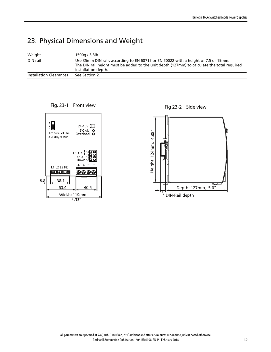 Physical dimensions and weight | Rockwell Automation 1606-XLS960E-3 Power Supply Reference Manual User Manual | Page 19 / 28