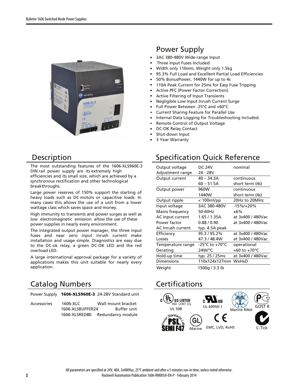 Power supply, Description, Specification quick reference | Catalog numbers, Certifications | Rockwell Automation 1606-XLS960E-3 Power Supply Reference Manual User Manual | Page 2 / 28