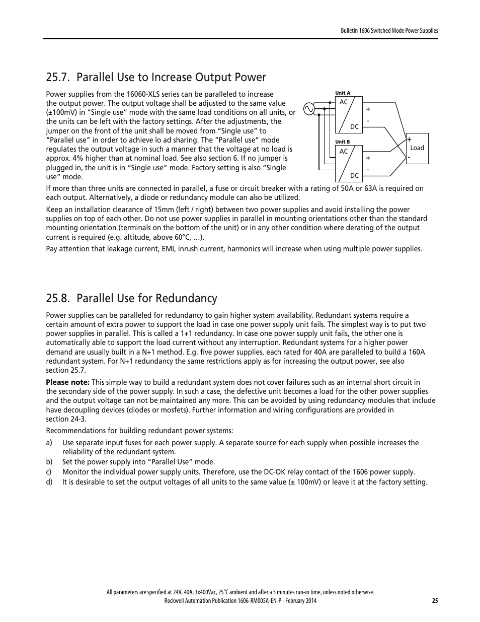 Parallel use to increase output power, Parallel use for redundancy | Rockwell Automation 1606-XLS960E-3 Power Supply Reference Manual User Manual | Page 25 / 28