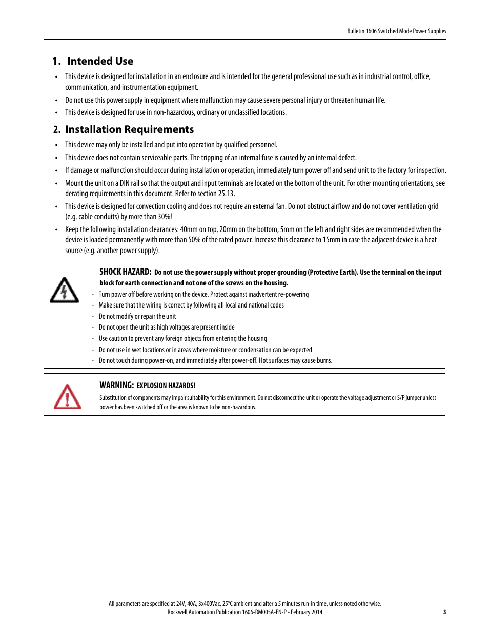 1606-rm005a-en-p, Intended use, Installation requirements | Rockwell Automation 1606-XLS960E-3 Power Supply Reference Manual User Manual | Page 3 / 28