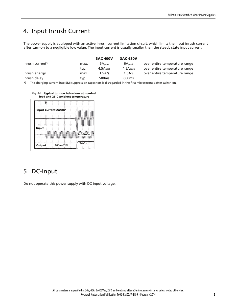 Input inrush current, Dc-input | Rockwell Automation 1606-XLS960E-3 Power Supply Reference Manual User Manual | Page 5 / 28