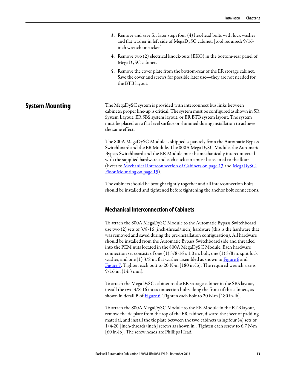 System mounting, Mechanical interconnection of cabinets | Rockwell Automation 1608M MegaDySC User Manual, 800 Amp - 208V User Manual | Page 13 / 54