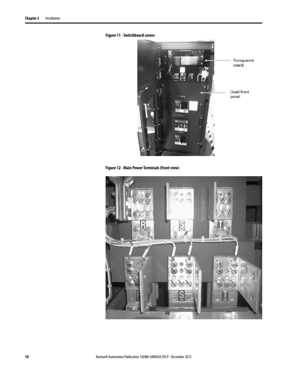 Figure 11 - switchboard covers, Figure 12 - main power terminals (front view), Figure 11 | Figure 12 | Rockwell Automation 1608M MegaDySC User Manual, 800 Amp - 208V User Manual | Page 18 / 54