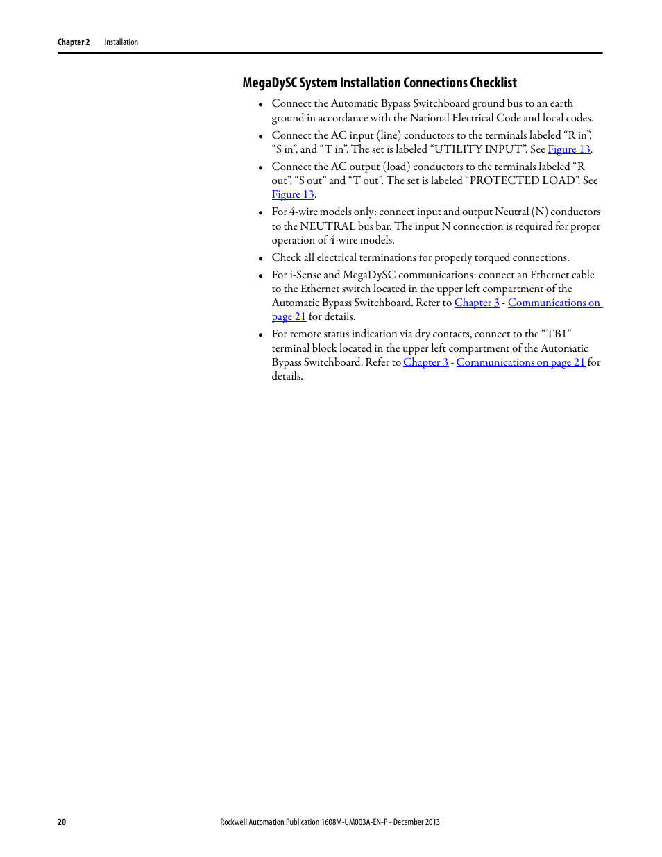 Megadysc system installation connections checklist | Rockwell Automation 1608M MegaDySC User Manual, 800 Amp - 208V User Manual | Page 20 / 54