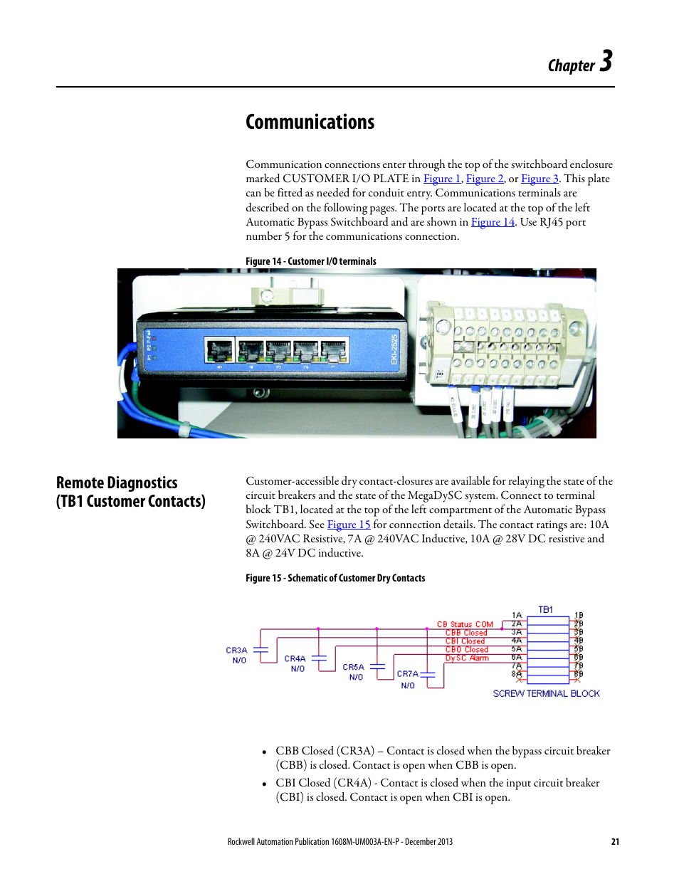 Chapter 3, Communications, Figure 14 - customer i/o terminals | Remote diagnostics (tb1 customer contacts), Figure 15 - schematic of customer dry contacts, Ch 3 - communications, Communications on, For de, Chapter | Rockwell Automation 1608M MegaDySC User Manual, 800 Amp - 208V User Manual | Page 21 / 54