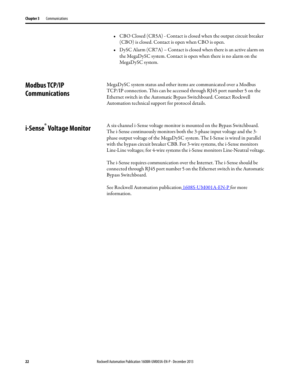 Modbus tcp/ip communications, I-sense® voltage monitor, I-sense | Voltage monitor | Rockwell Automation 1608M MegaDySC User Manual, 800 Amp - 208V User Manual | Page 22 / 54