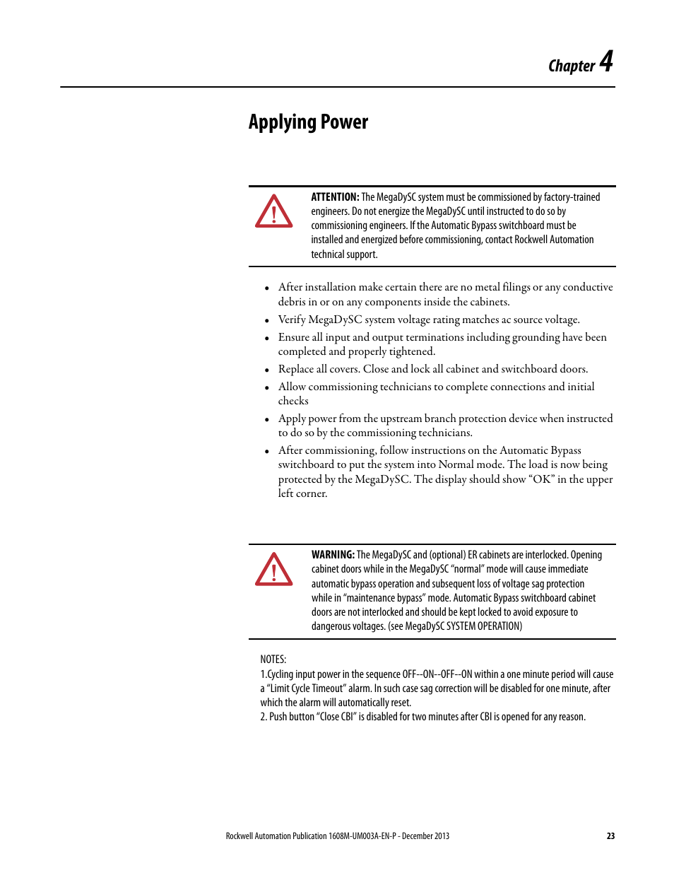 Chapter 4, Applying power, Ch 5 - operation | Chapter | Rockwell Automation 1608M MegaDySC User Manual, 800 Amp - 208V User Manual | Page 23 / 54