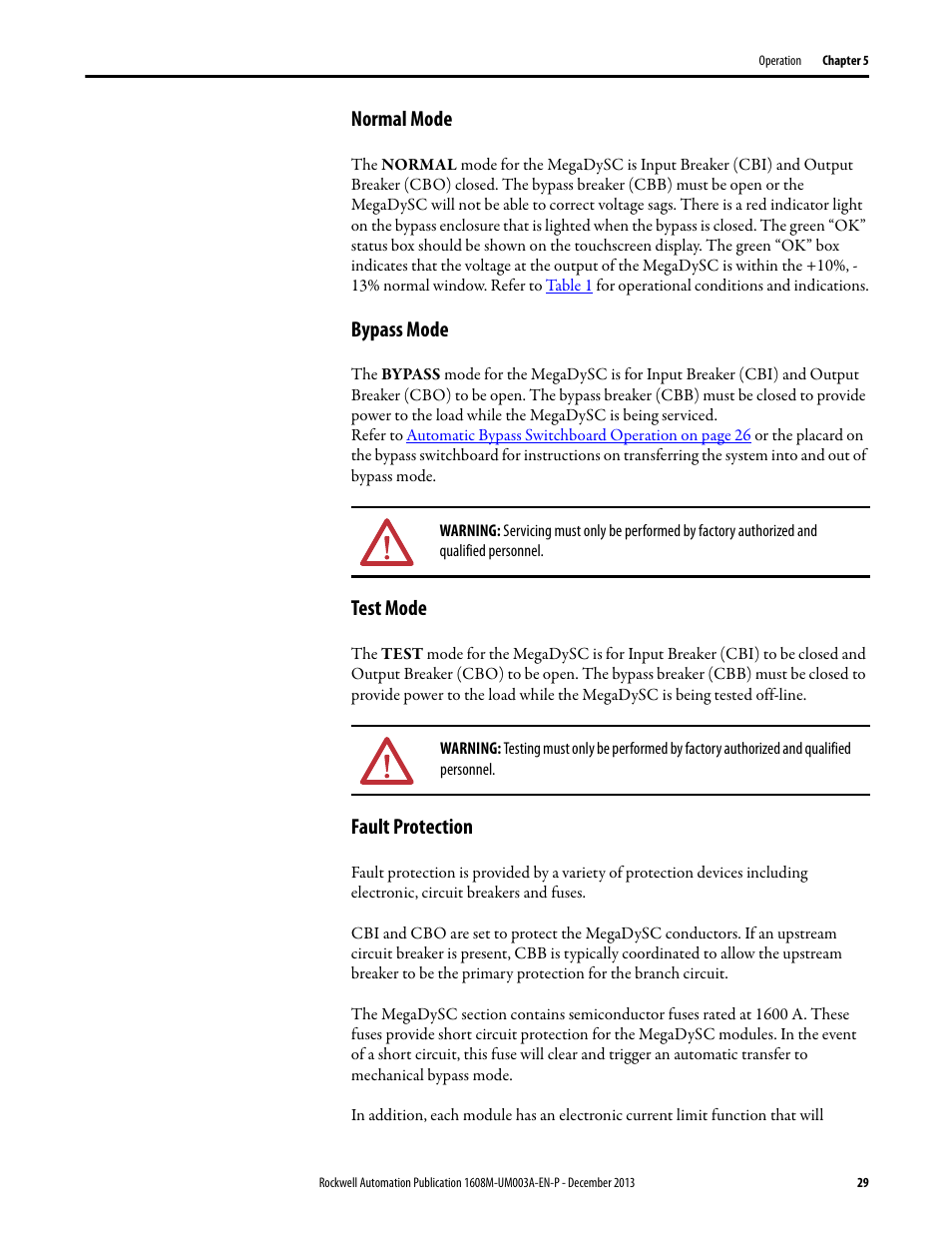 Normal mode, Bypass mode, Test mode | Fault protection | Rockwell Automation 1608M MegaDySC User Manual, 800 Amp - 208V User Manual | Page 29 / 54