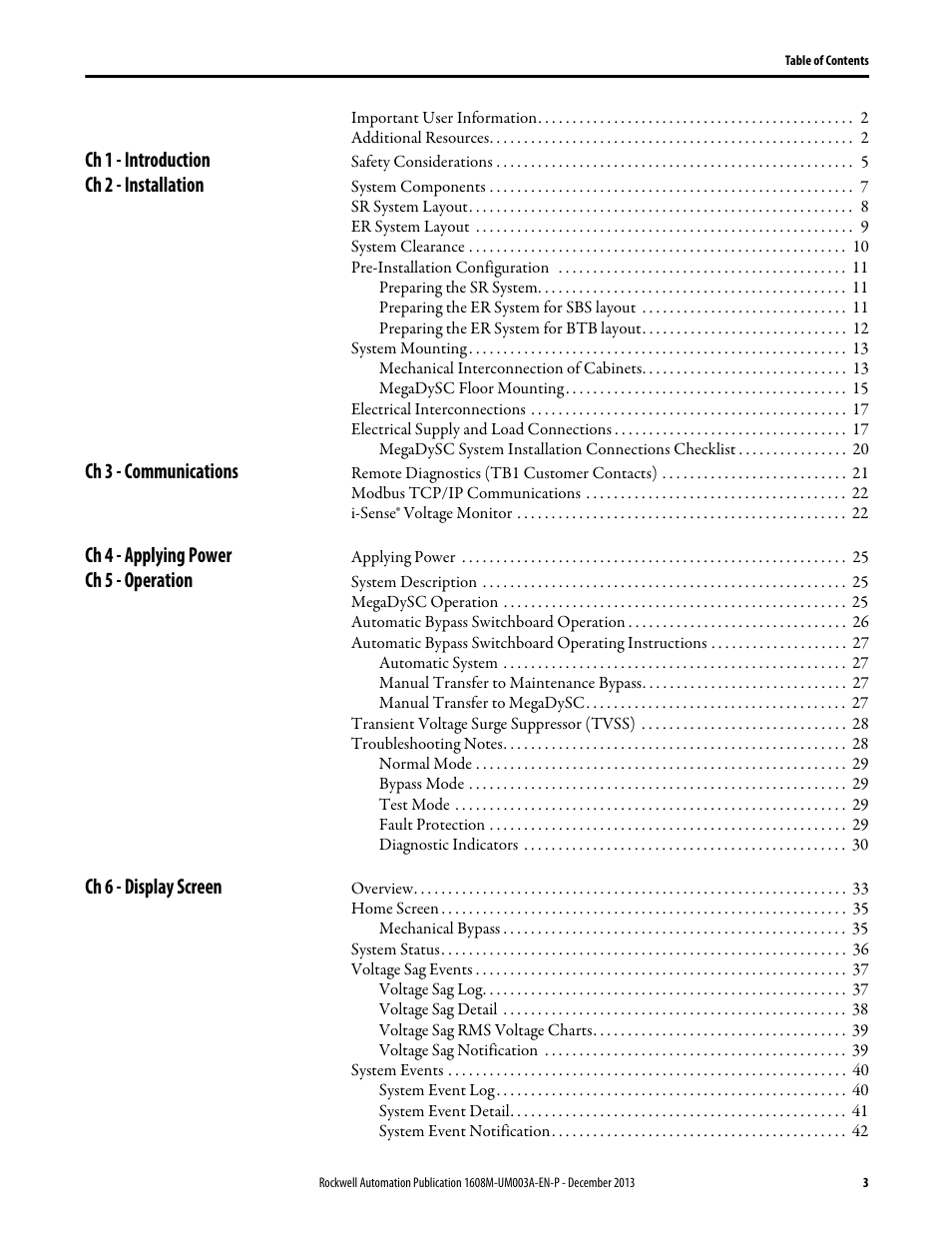 Ch 1 - introduction, Ch 2 - installation, Ch 3 - communications | Ch 4 - applying power, Ch 5 - operation, Ch 6 - display screen | Rockwell Automation 1608M MegaDySC User Manual, 800 Amp - 208V User Manual | Page 3 / 54