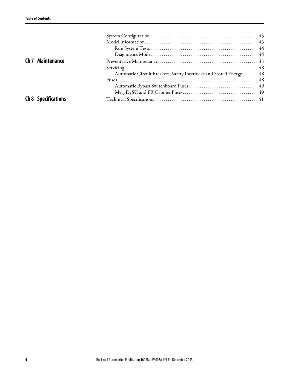 Ch 7 - maintenance, Ch 8 - specifications | Rockwell Automation 1608M MegaDySC User Manual, 800 Amp - 208V User Manual | Page 4 / 54