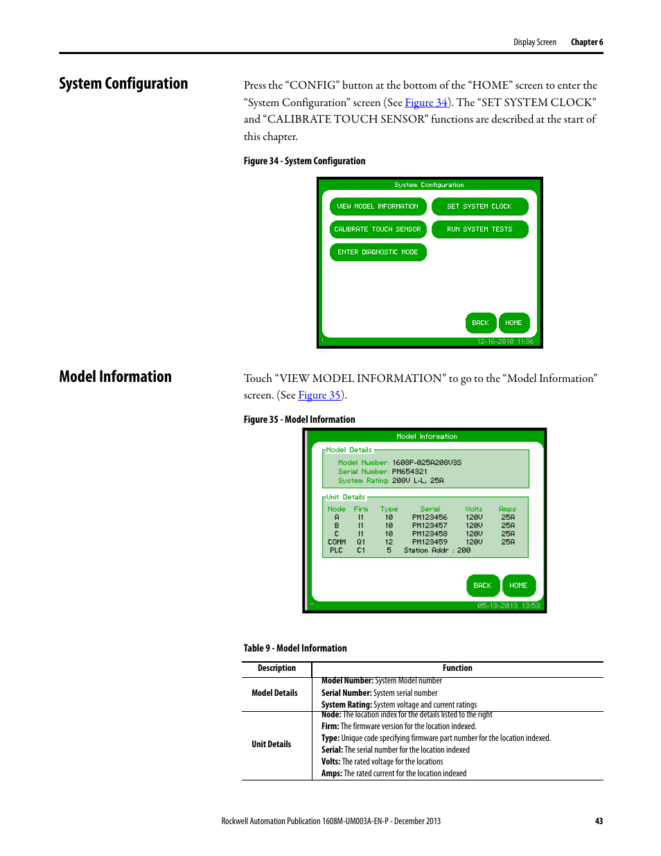 System configuration, Figure 34 - system configuration, Model information | Figure 35 - model information, Table 9 - model information, Run system tests diagnostics mode | Rockwell Automation 1608M MegaDySC User Manual, 800 Amp - 208V User Manual | Page 43 / 54