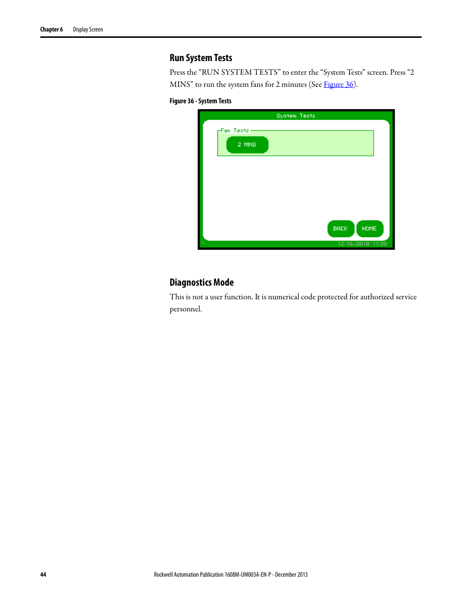 Run system tests, Figure 36 - system tests, Diagnostics mode | Preventative maintenance servicing | Rockwell Automation 1608M MegaDySC User Manual, 800 Amp - 208V User Manual | Page 44 / 54